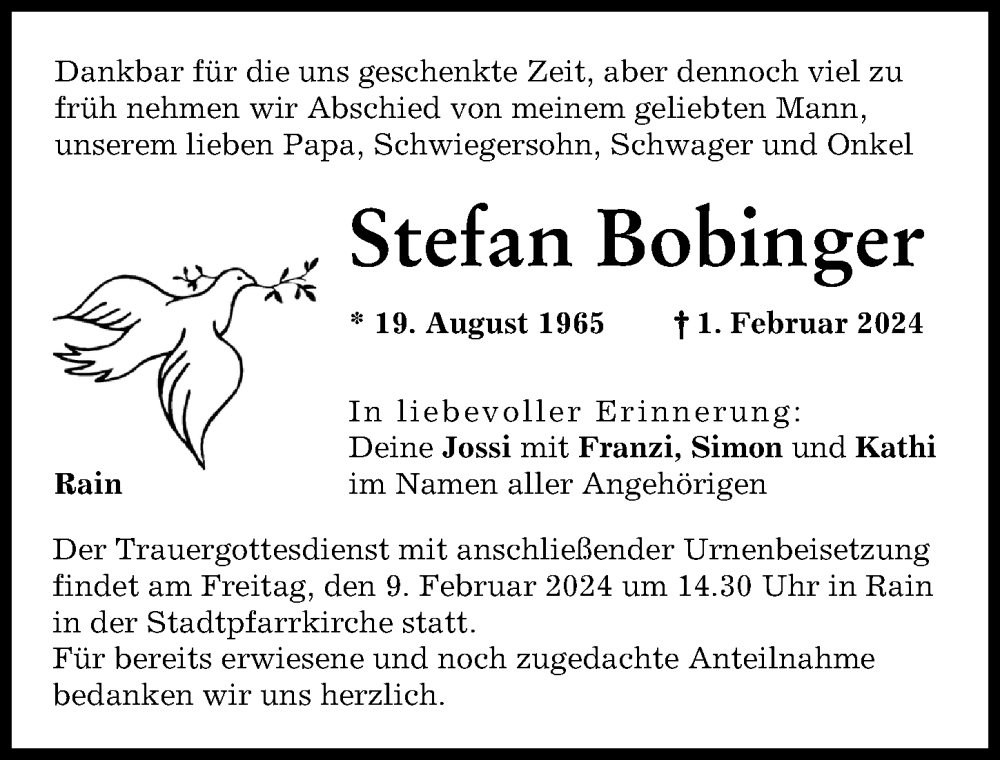 Traueranzeige von Stefan Bobinger von Neuburger Rundschau