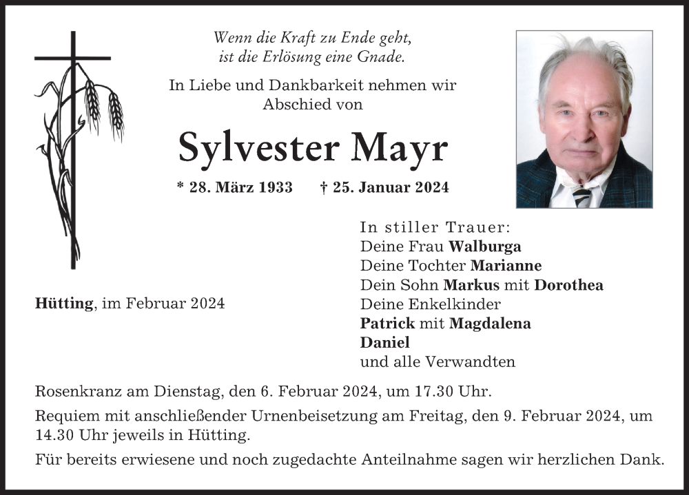 Traueranzeige von Sylvester Mayr von Neuburger Rundschau