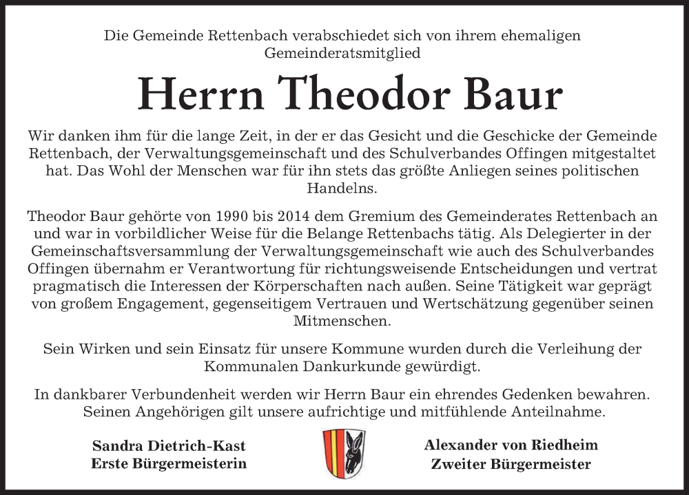 Traueranzeige von Theodor Baur von Günzburger Zeitung