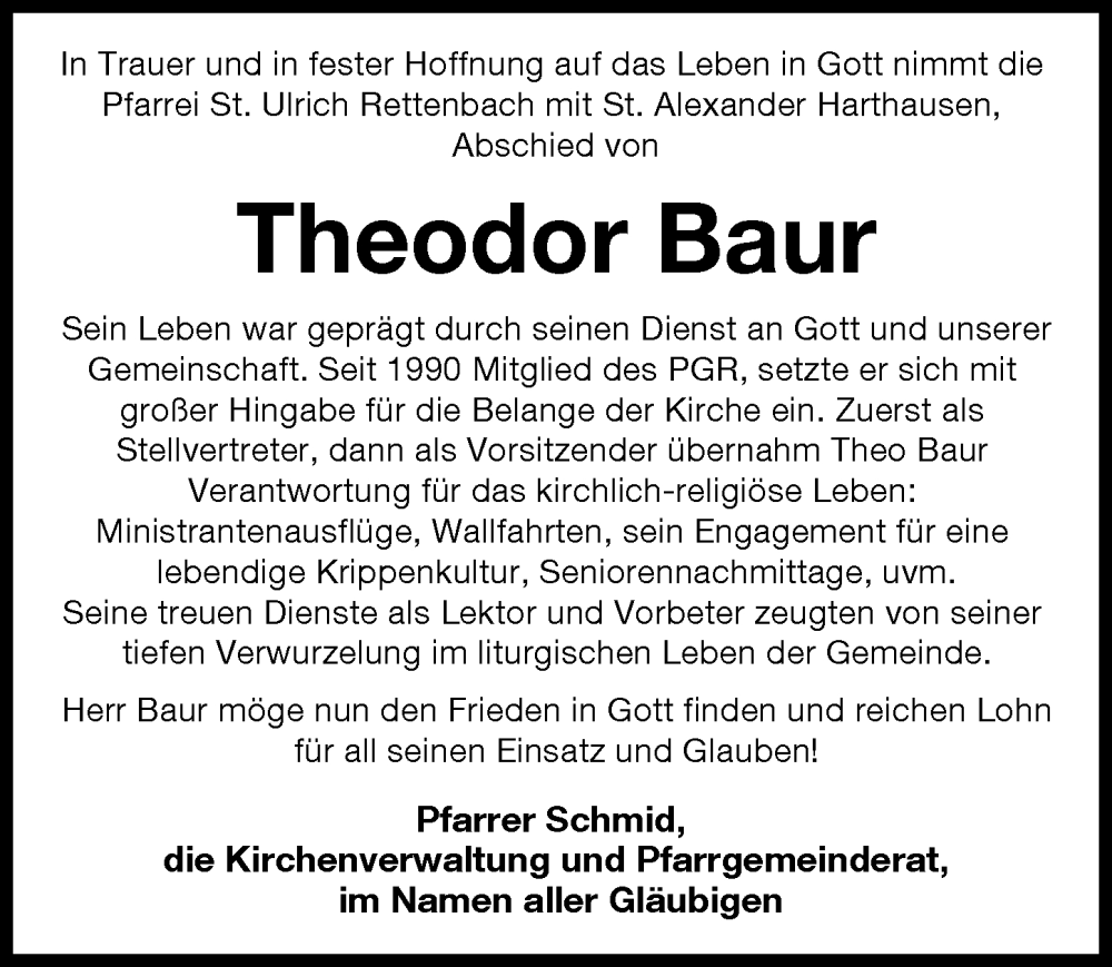 Traueranzeige von Theodor Baur von Günzburger Zeitung