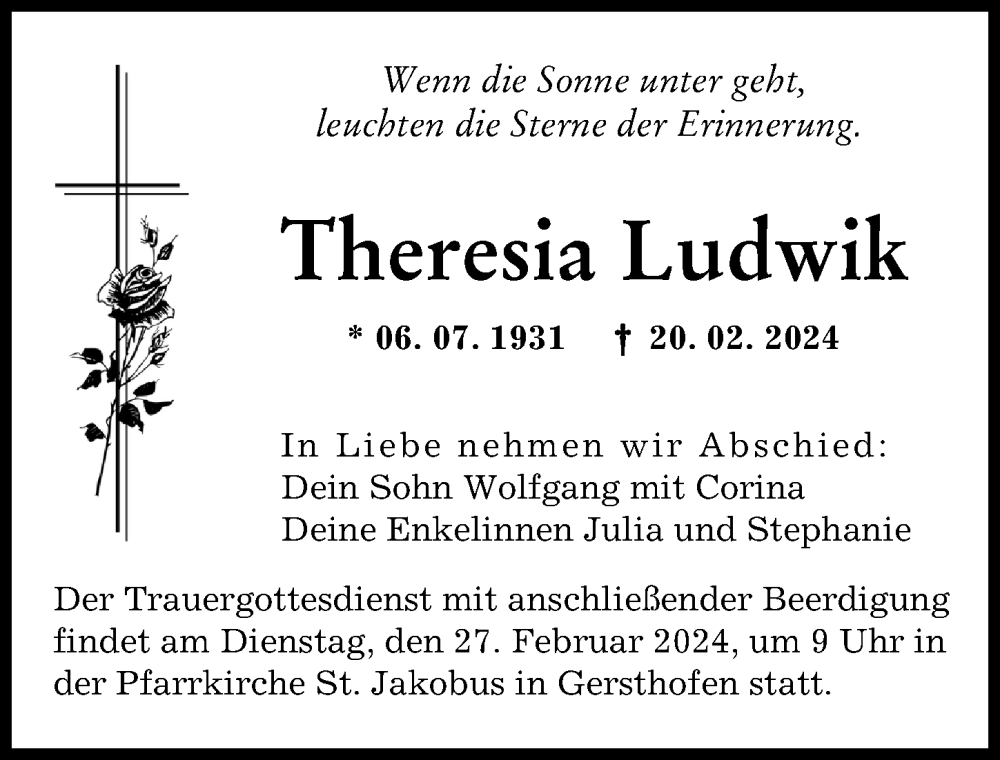 Traueranzeige von Theresia Ludwik von Augsburger Allgemeine