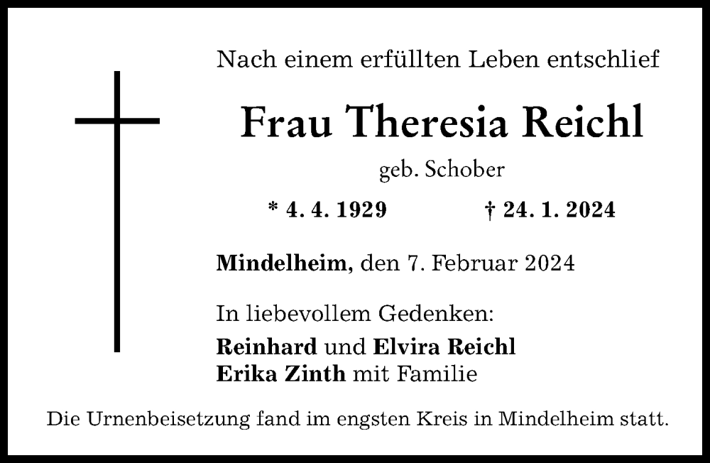 Traueranzeige von Theresia Reichl von Mindelheimer Zeitung