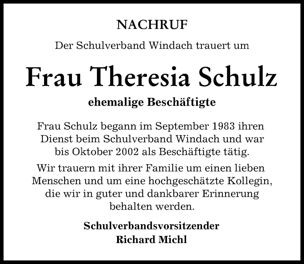 Traueranzeige von Theresia Schulz von Landsberger Tagblatt