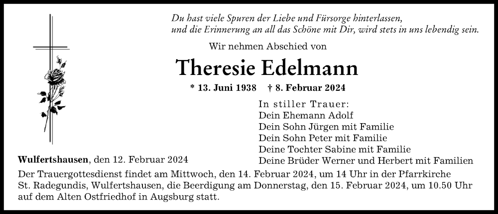 Traueranzeige von Theresie Edelmann von Augsburger Allgemeine