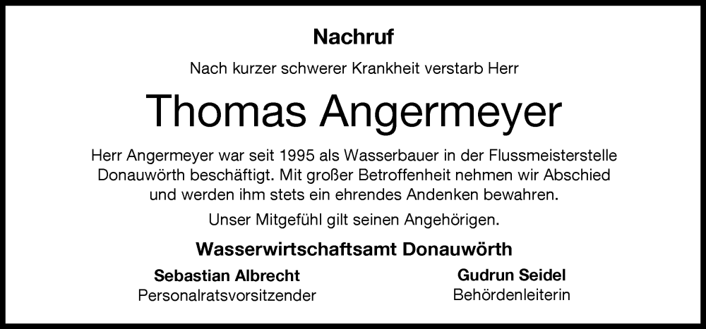 Traueranzeige von Thomas Angermeyer von Donauwörther Zeitung