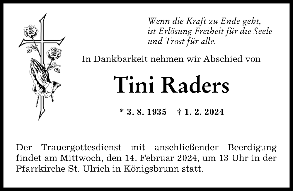 Traueranzeige von Tini Raders von Augsburger Allgemeine