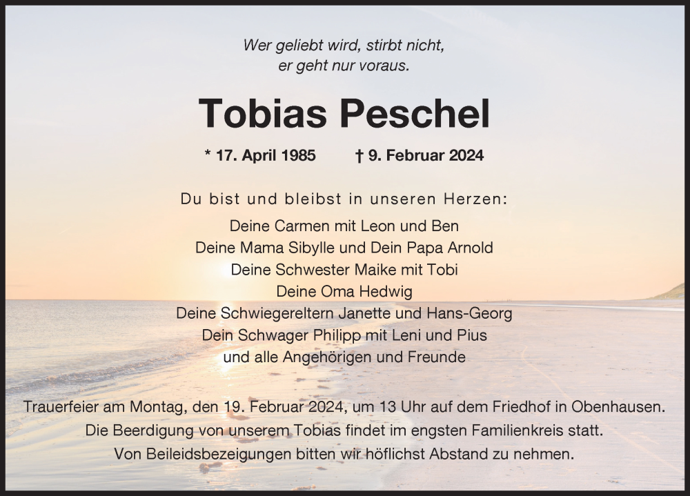  Traueranzeige für Tobias Peschel vom 16.02.2024 aus Illertisser Zeitung