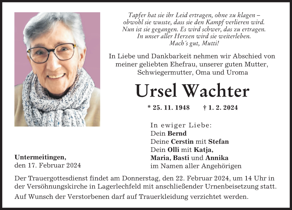  Traueranzeige für Ursel Wachter vom 17.02.2024 aus Schwabmünchner Allgemeine