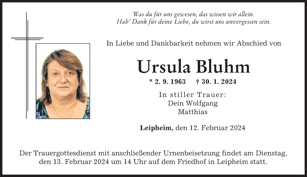 Traueranzeige von Ursula Bluhm von Günzburger Zeitung