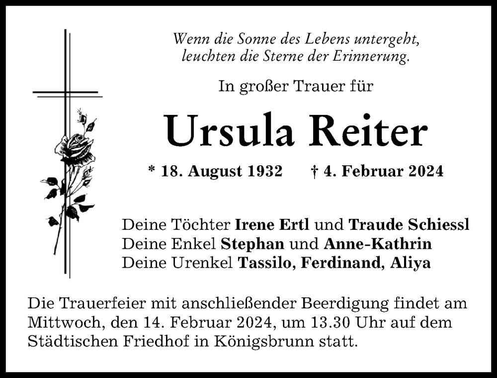 Traueranzeige von Ursula Reiter von Schwabmünchner Allgemeine