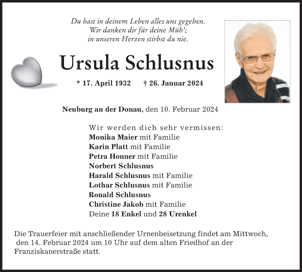 Traueranzeige von Ursula Schlusnus von Neuburger Rundschau