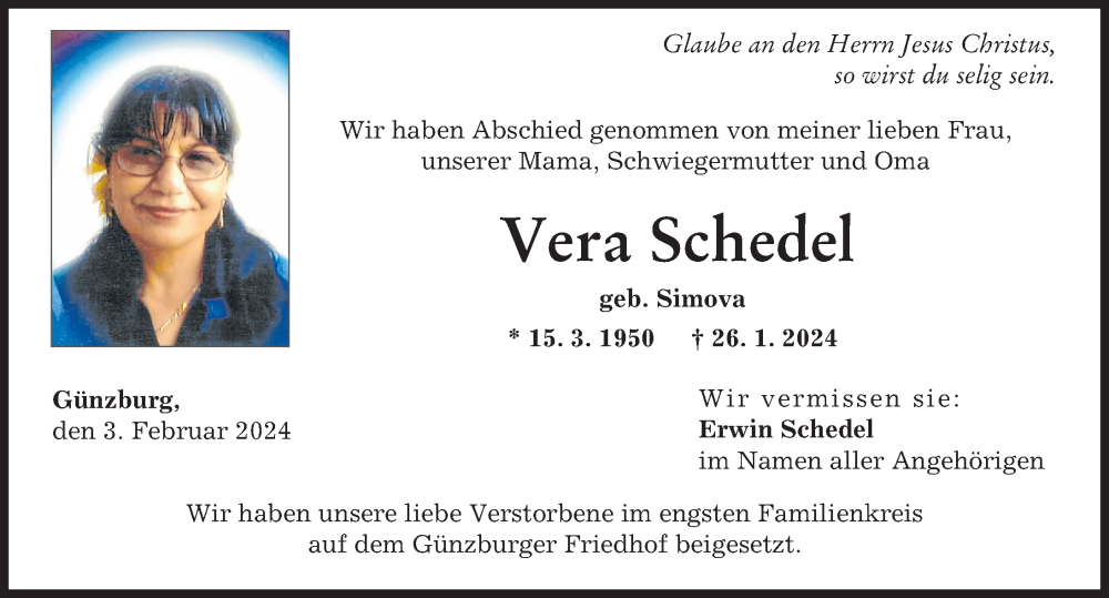 Traueranzeige von Vera Schedel von Günzburger Zeitung