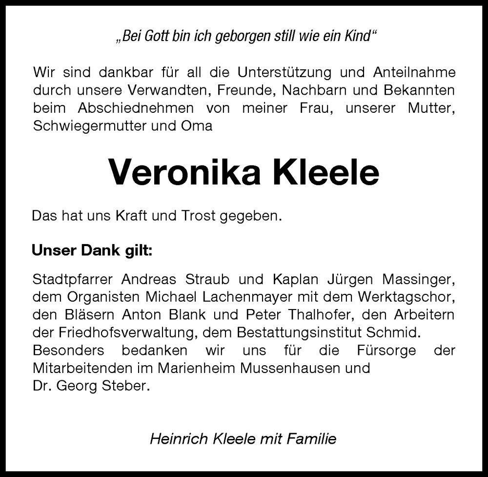 Traueranzeige von Veronika Kleele von Mindelheimer Zeitung