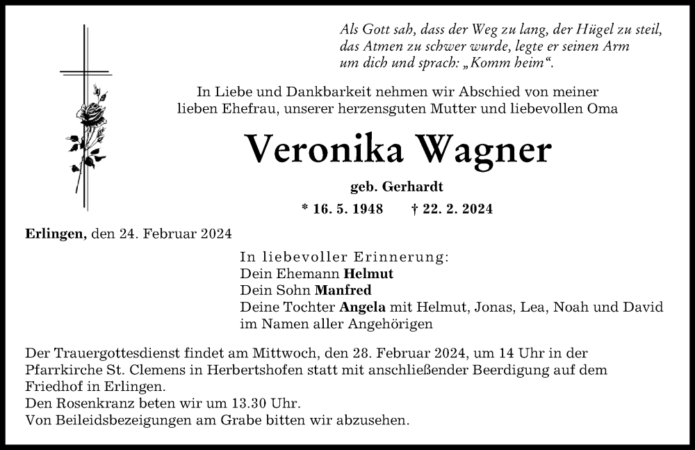 Traueranzeige von Veronika Wagner von Augsburg-Land