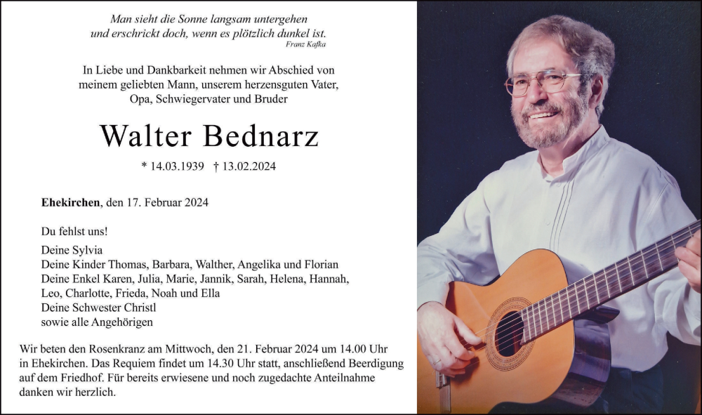  Traueranzeige für Walter Bednarz vom 17.02.2024 aus Neuburger Rundschau