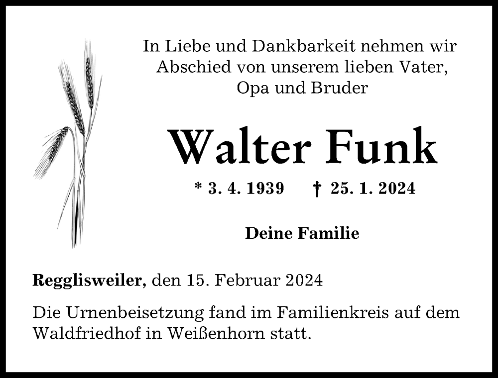 Traueranzeige von Walter Funk von Neu-Ulmer Zeitung