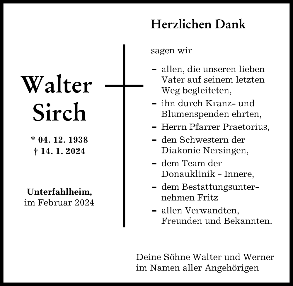 Traueranzeige von Walter Sirch von Neu-Ulmer Zeitung