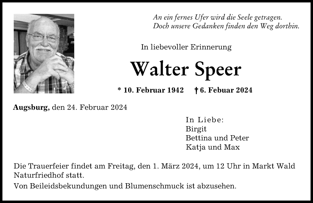 Traueranzeige von Walter Speer von Augsburger Allgemeine