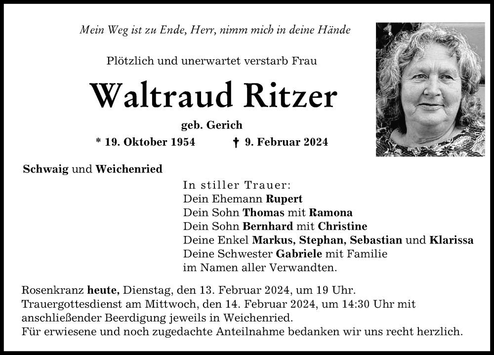 Traueranzeige von Waltraud Ritzer von Neuburger Rundschau