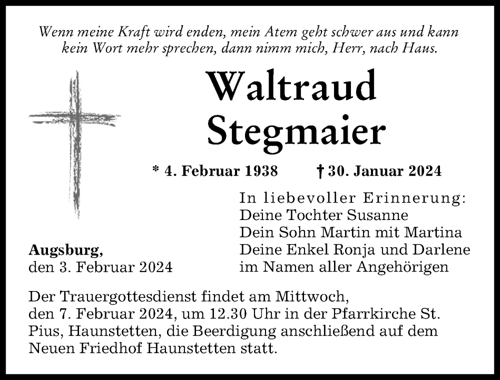 Traueranzeige von Waltraud Stegmaier von Augsburger Allgemeine