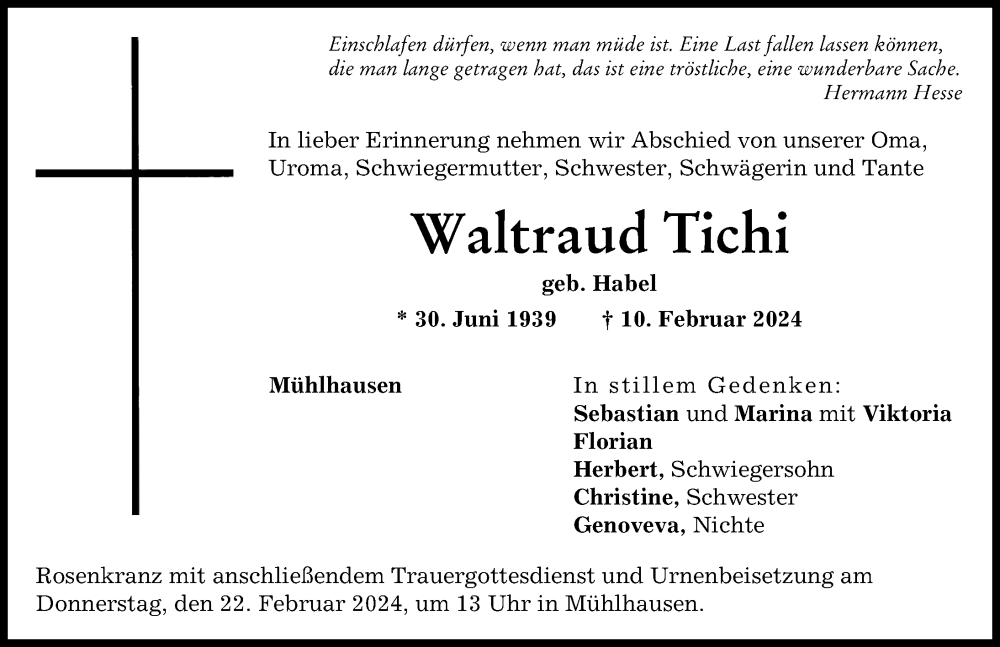 Traueranzeige von Waltraud Tichi von Friedberger Allgemeine, Aichacher Nachrichten