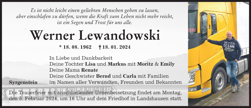  Traueranzeige für Werner Lewandowski vom 02.02.2024 aus Donau Zeitung