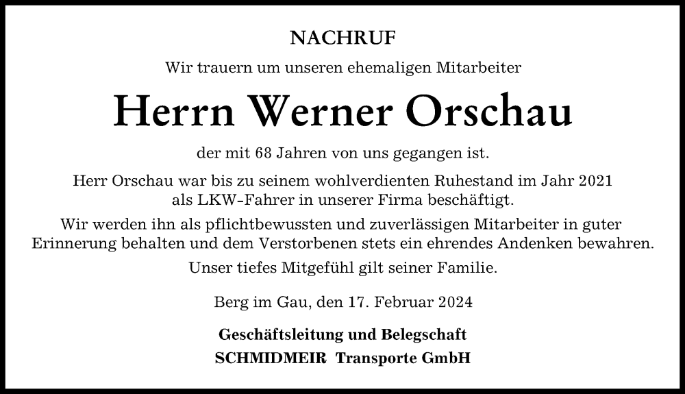 Traueranzeige von Werner Orschau von Neuburger Rundschau