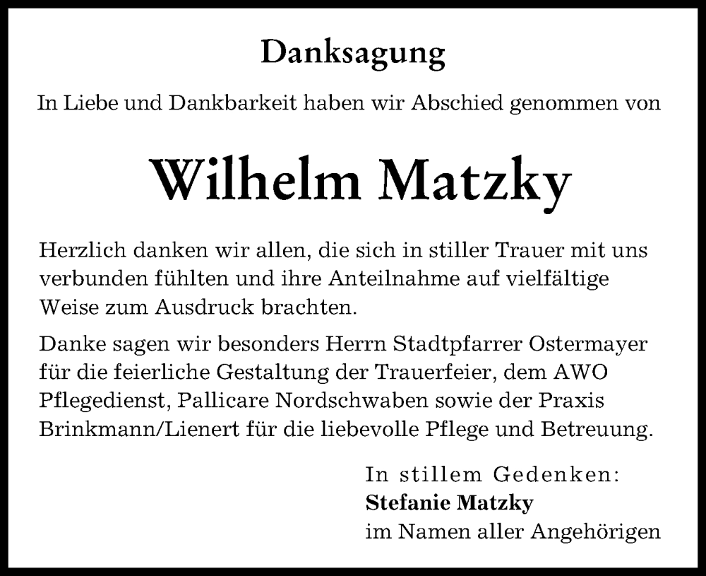 Traueranzeige von Wilhelm Matzky von Wertinger Zeitung