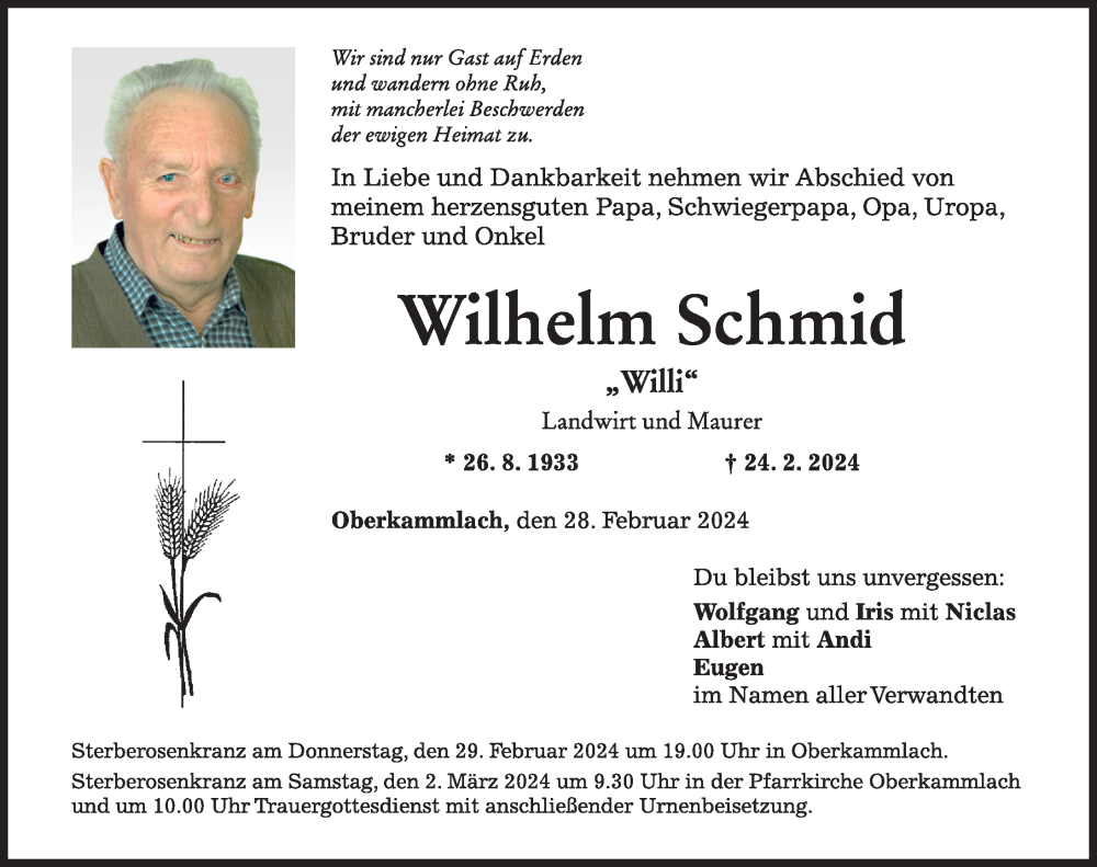 Traueranzeige von Wilhelm Schmid von Mindelheimer Zeitung