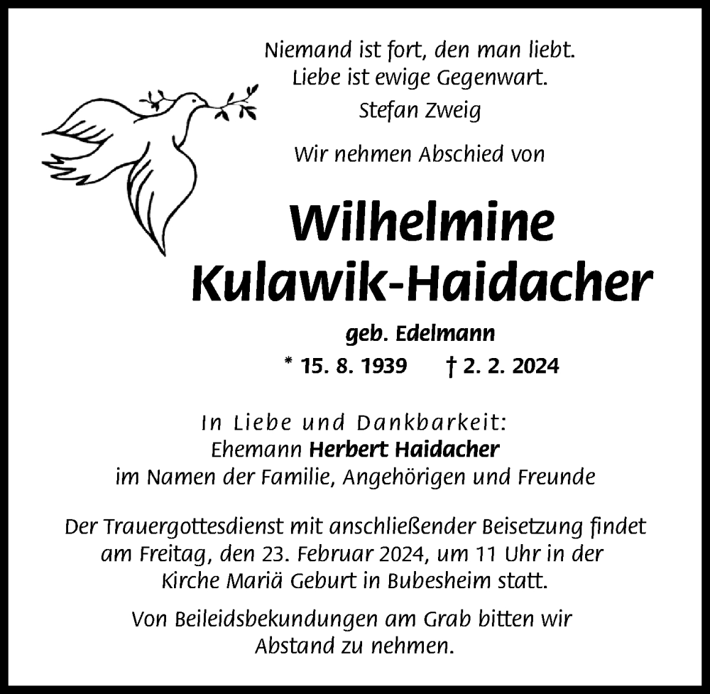 Traueranzeige von Wilhelmine Kulawik-Haidacher von Günzburger Zeitung