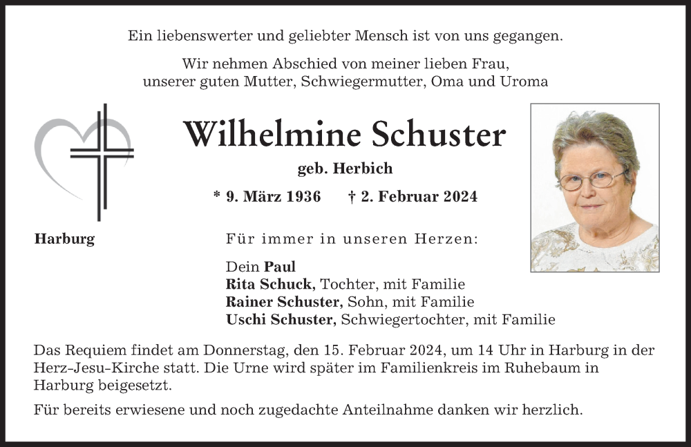  Traueranzeige für Wilhelmine Schuster vom 12.02.2024 aus Donauwörther Zeitung