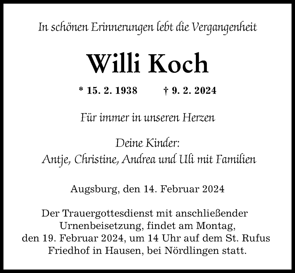 Traueranzeige von Willi Koch von Augsburger Allgemeine