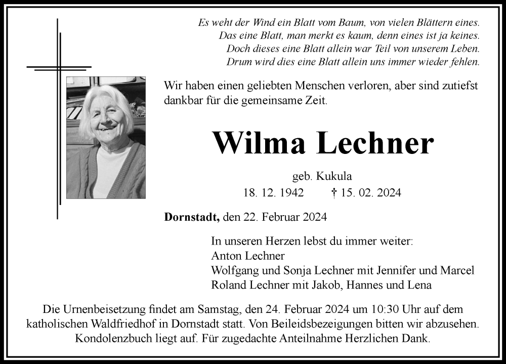 Traueranzeige von Wilma Lechner von Rieser Nachrichten