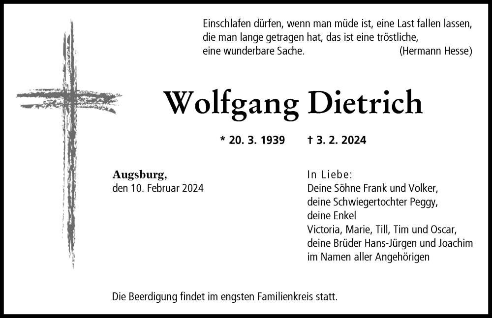  Traueranzeige für Wolfgang Dietrich vom 10.02.2024 aus Friedberger Allgemeine
