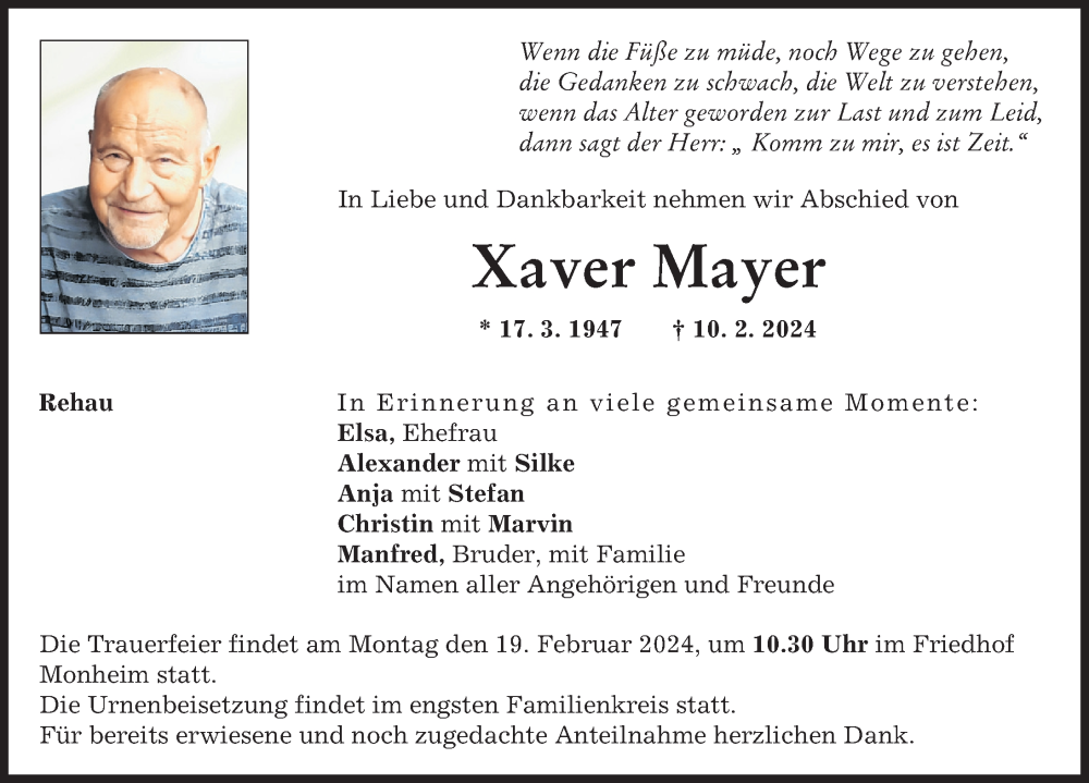 Traueranzeige von Xaver Mayer von Donauwörther Zeitung