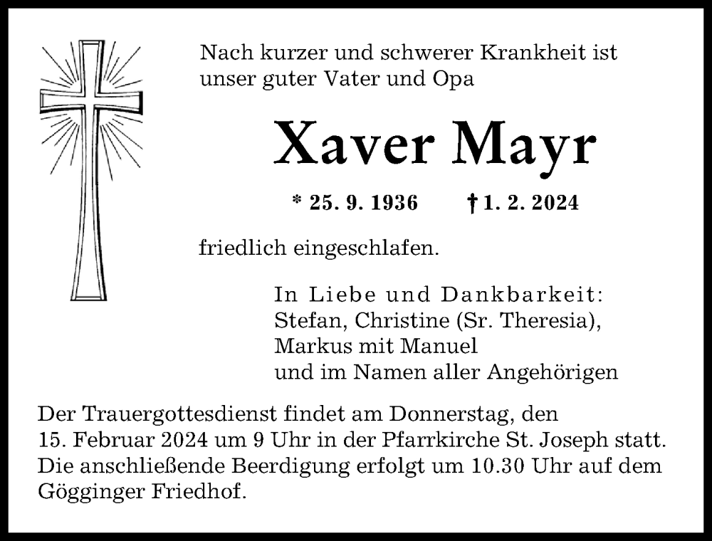 Traueranzeige von Xaver Mayr von Augsburger Allgemeine