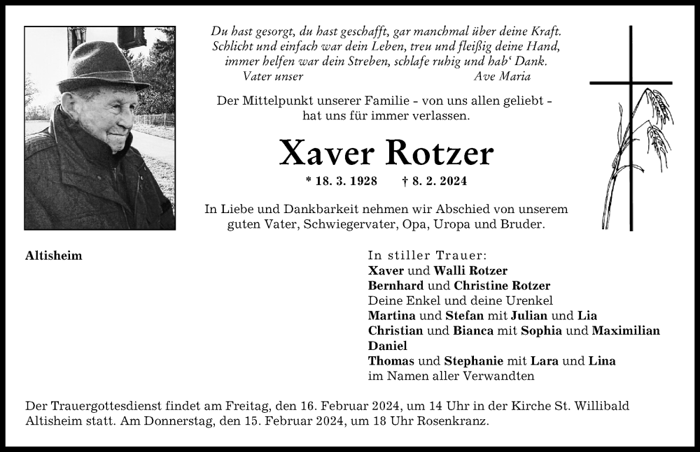 Traueranzeige von Xaver Rotzer von Donauwörther Zeitung