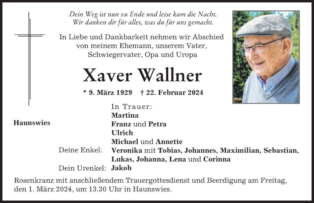 Traueranzeige von Xaver Wallner von Augsburger Allgemeine, Aichacher Nachrichten