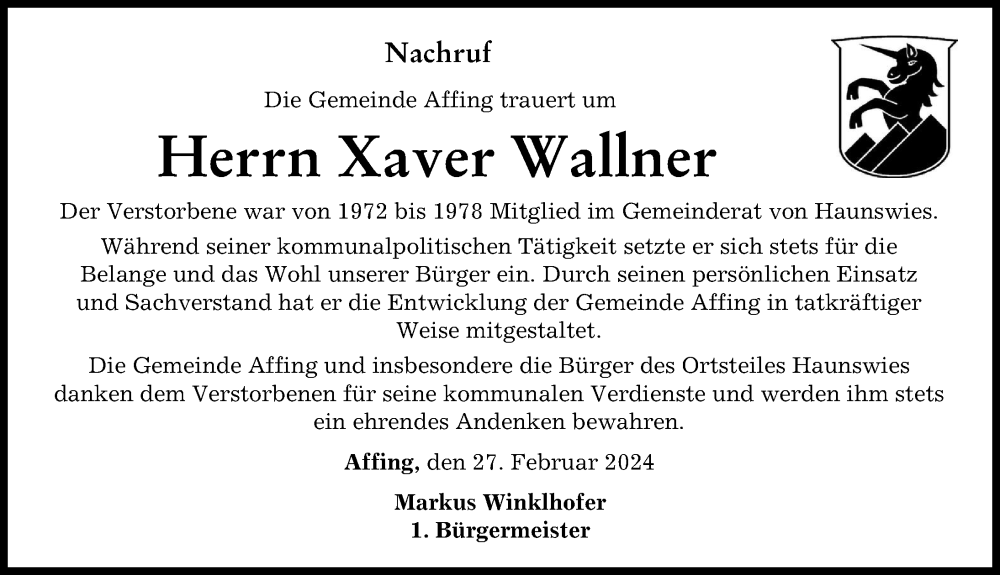 Traueranzeige von Xaver Wallner von Friedberger Allgemeine, Aichacher Nachrichten