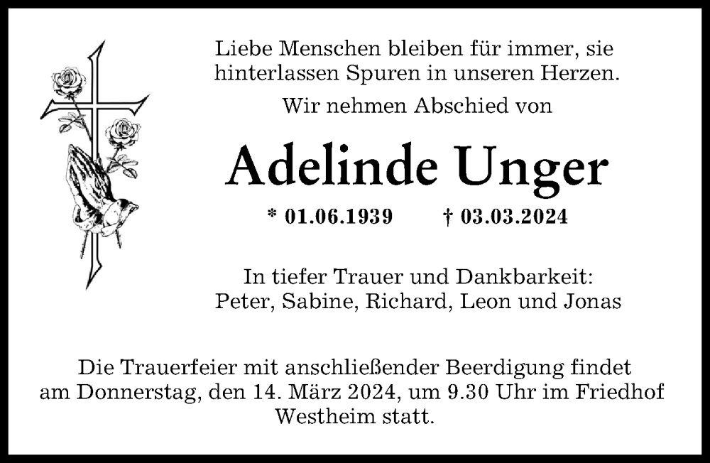 Traueranzeige von Adelinde Unger von Augsburger Allgemeine