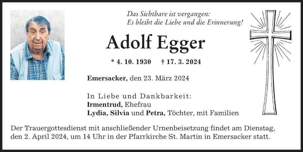 Traueranzeige von Adolf Egger von Augsburg-Land