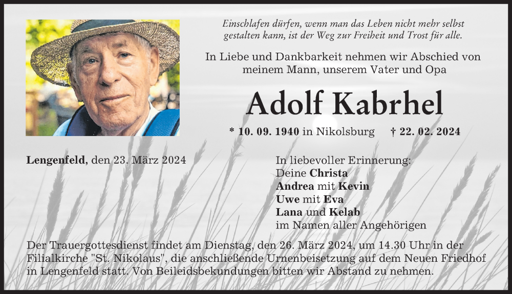 Traueranzeige von Adolf Kabrhel von Landsberger Tagblatt