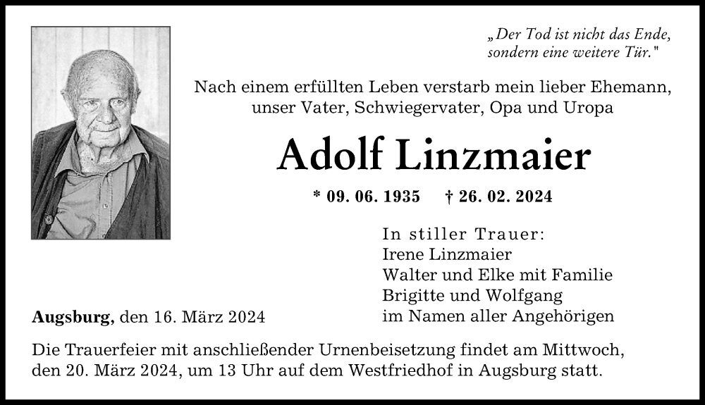 Traueranzeige von Adolf Linzmaier von Augsburger Allgemeine