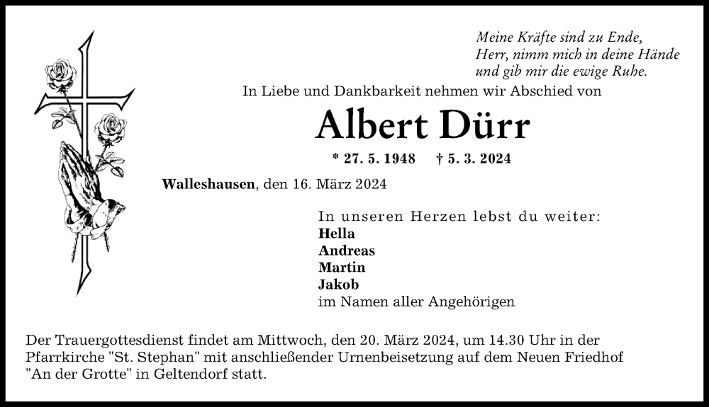Traueranzeige von Albert Dürr von Landsberger Tagblatt