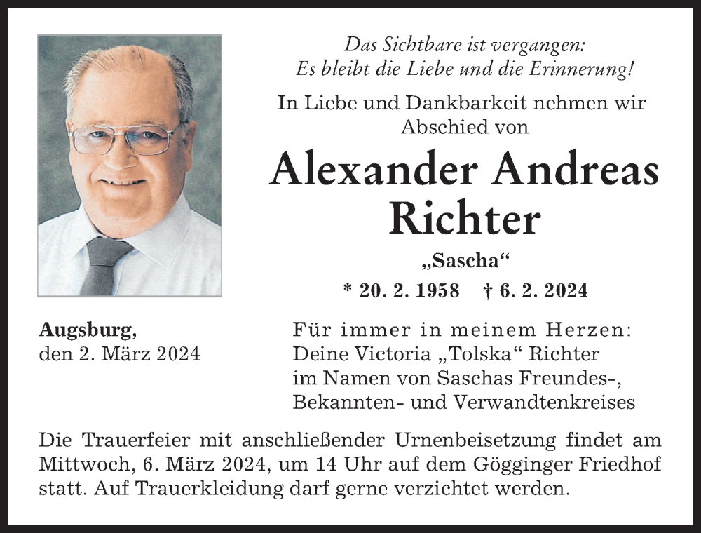 Traueranzeige von Alexander Andreas Richter von Augsburger Allgemeine