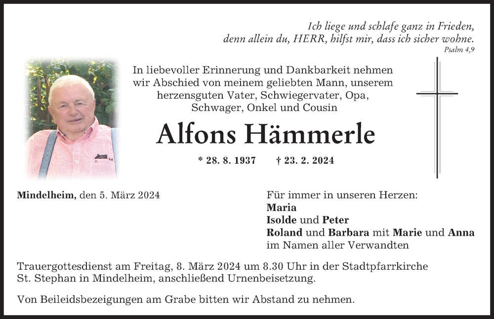 Traueranzeige von Alfons Hämmerle von Mindelheimer Zeitung