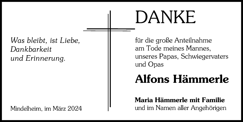 Traueranzeige von Alfons Hämmerle von Mindelheimer Zeitung