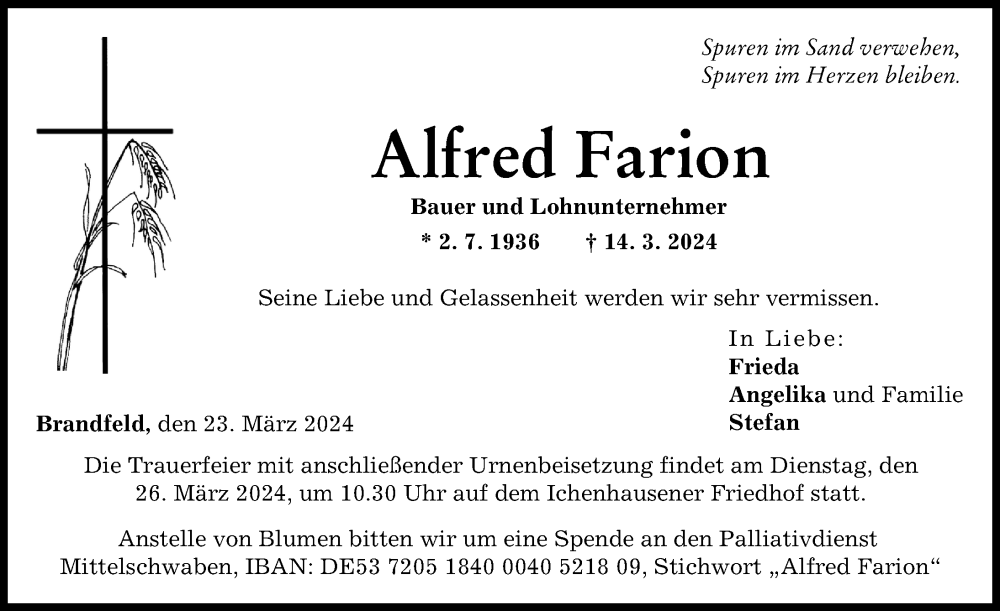 Traueranzeige von Alfred Farion von Mittelschwäbische Nachrichten, Günzburger Zeitung