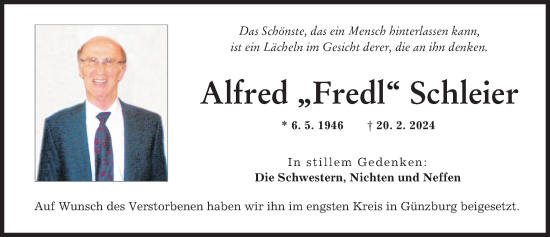 Traueranzeige von Alfred Schleier von Günzburger Zeitung