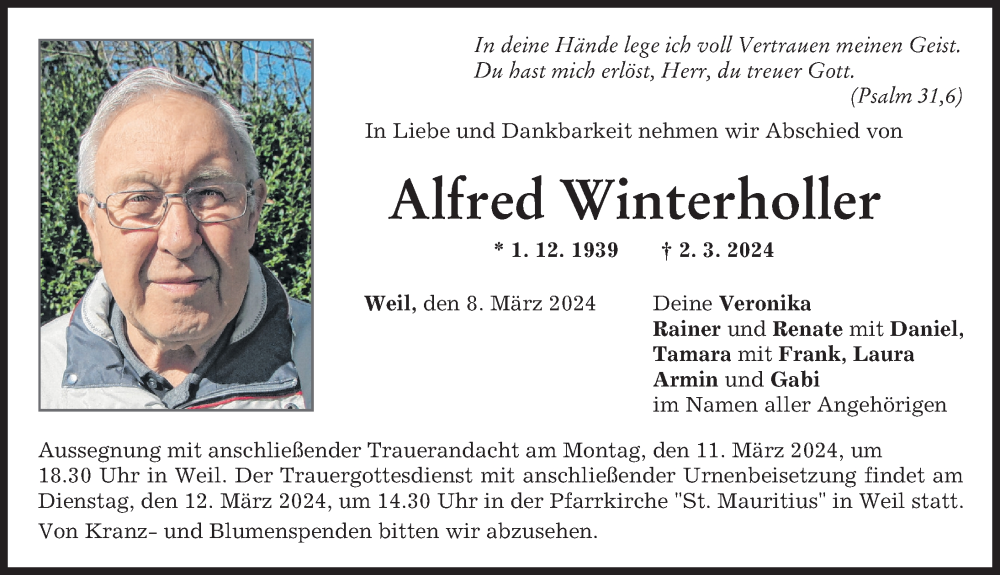Traueranzeige von Alfred Winterholler von Landsberger Tagblatt